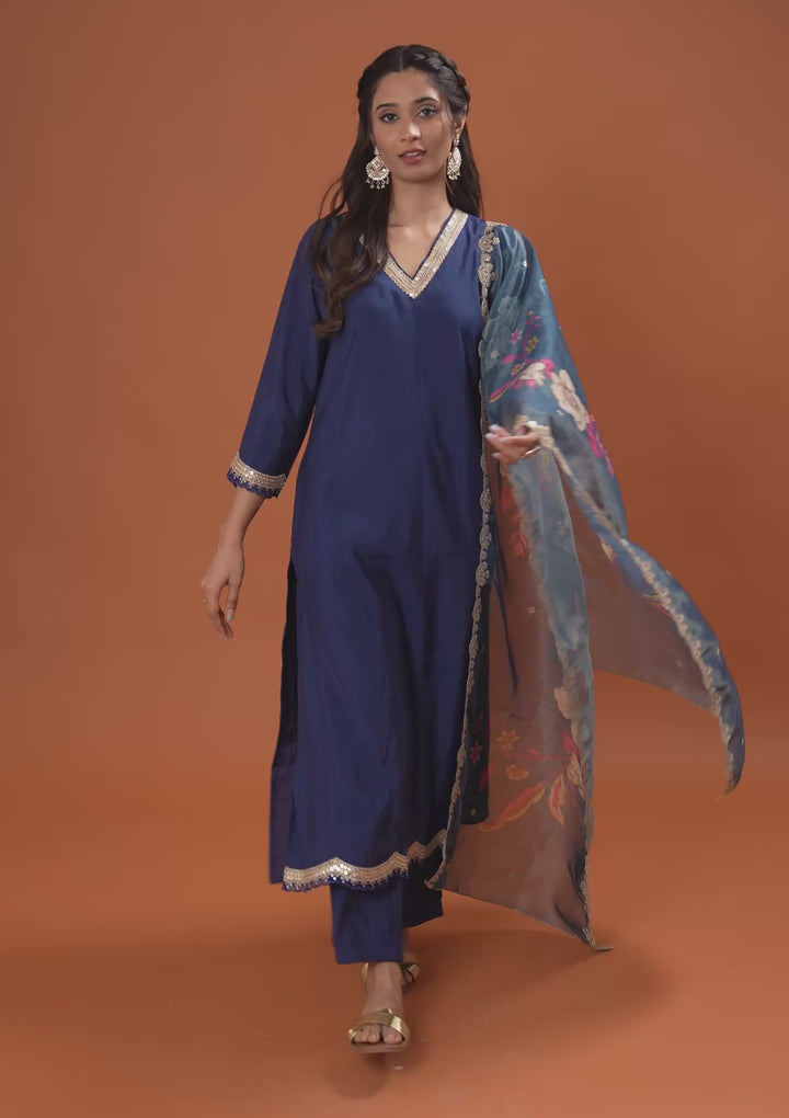 Navy Blue Zariwork Semi Crepe Readymade Salwar Suit