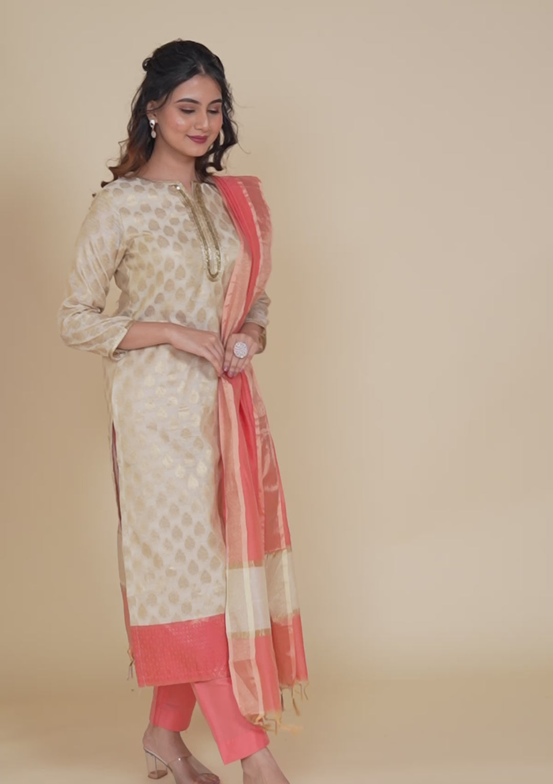 Pink Banarasi Cotton Readymade Salwar Suit