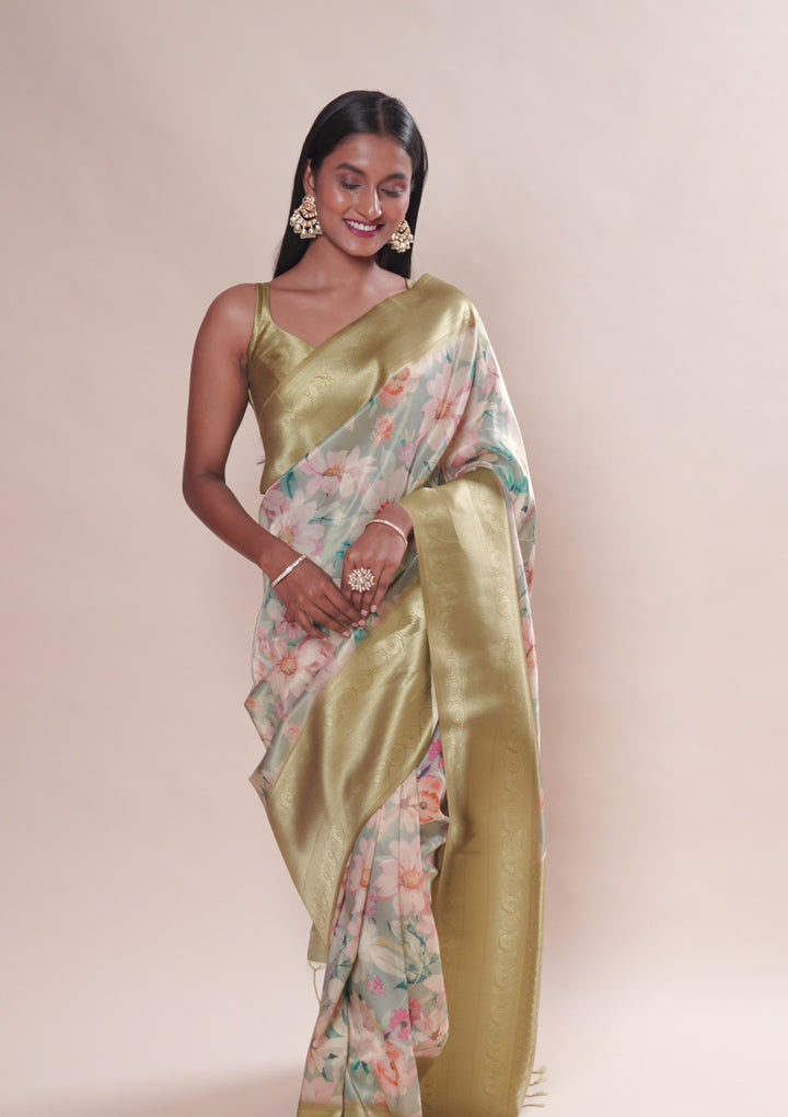 Light Grey Printed Soft Silk Saree