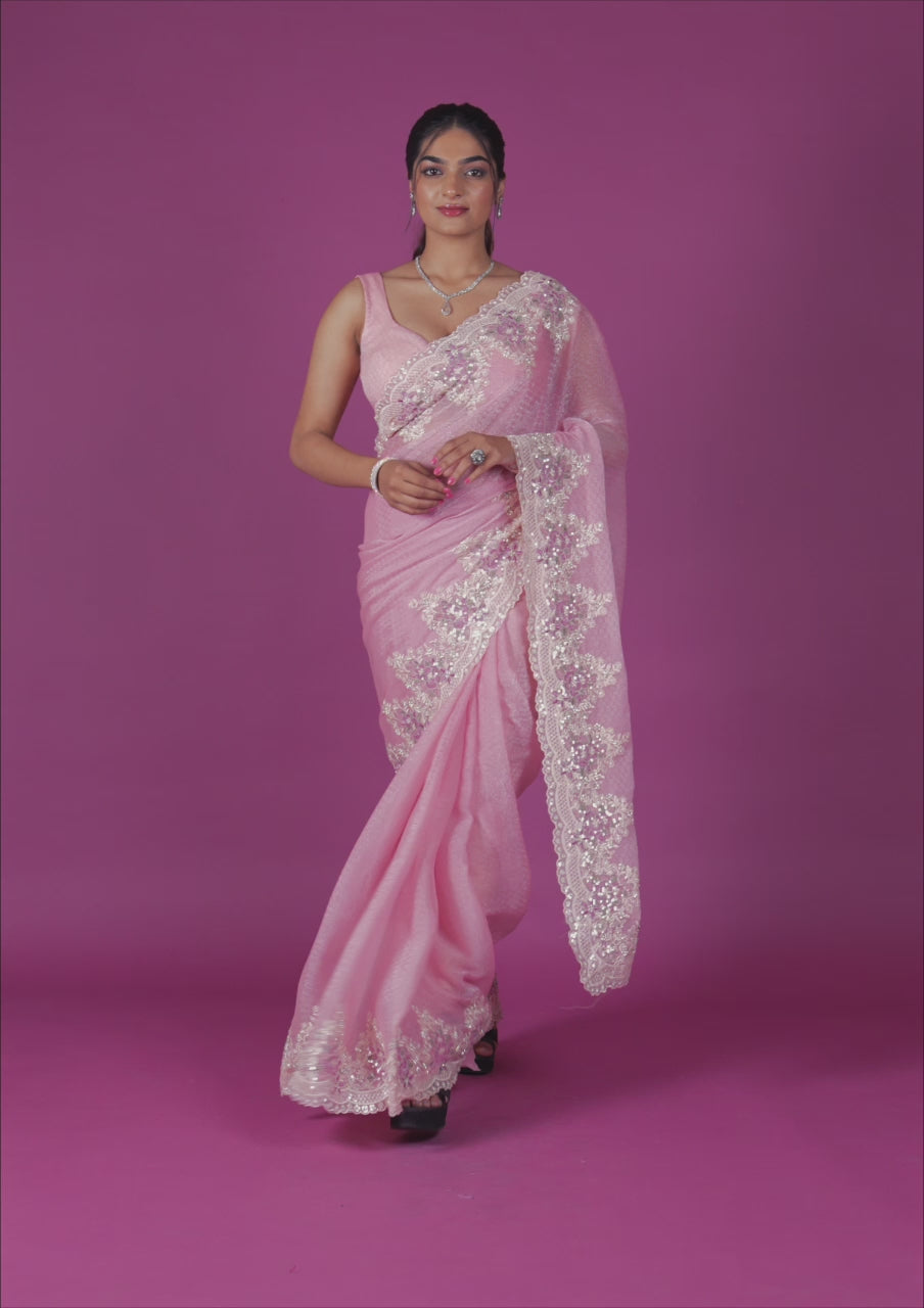 Baby Pink Threadwork Georgette Saree