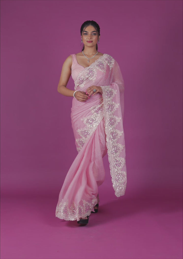 Baby Pink Threadwork Georgette Saree