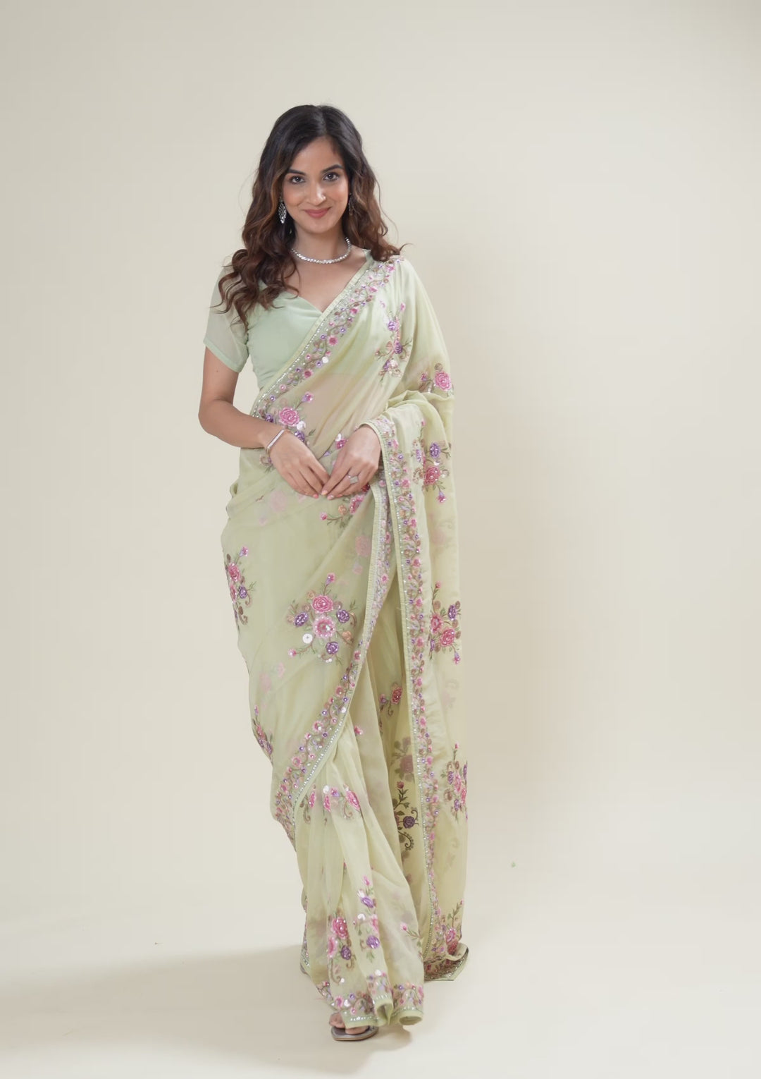 Pista Green Threadwork Organza Saree