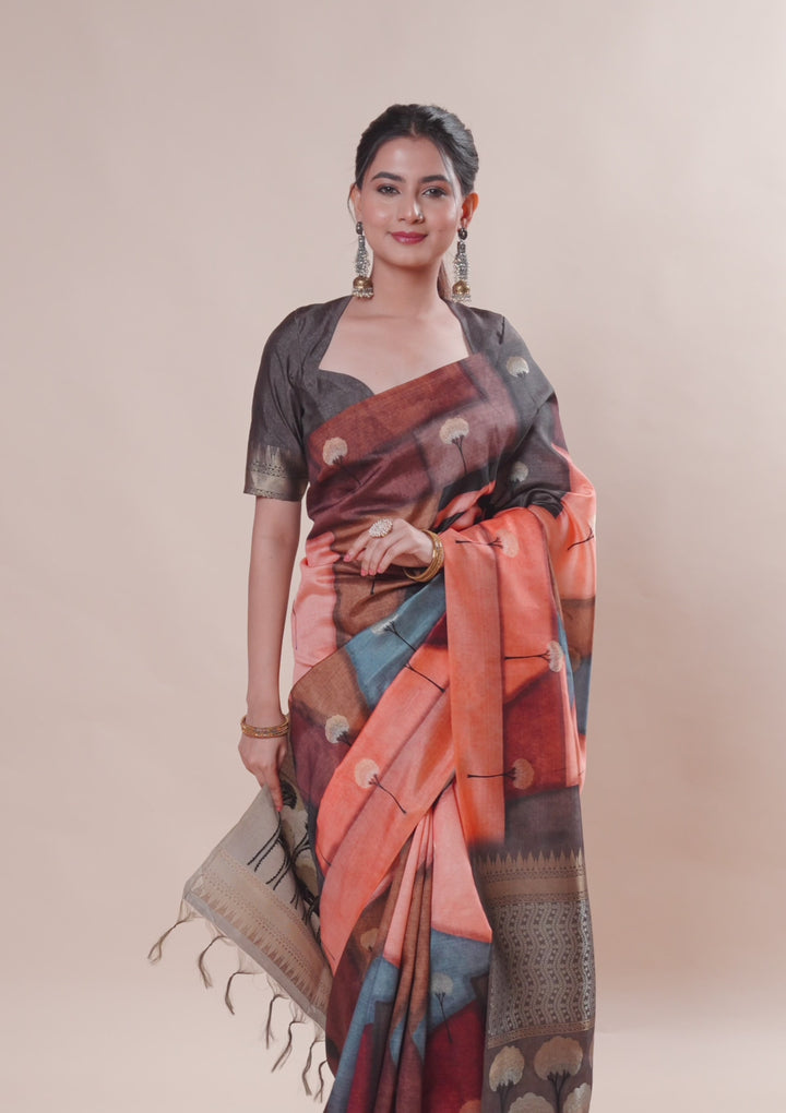 Grey Printed Art Silk Saree