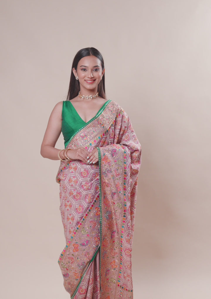 Pink Threadwork Soft Silk Saree