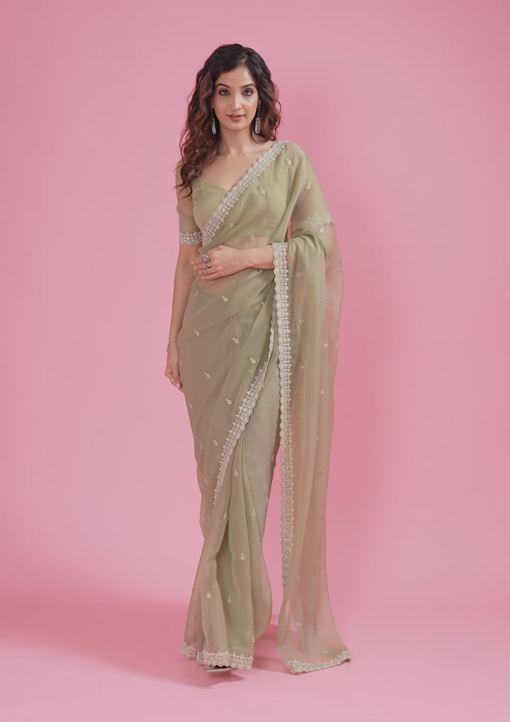 Pista Green Threadwork Chiffon Saree