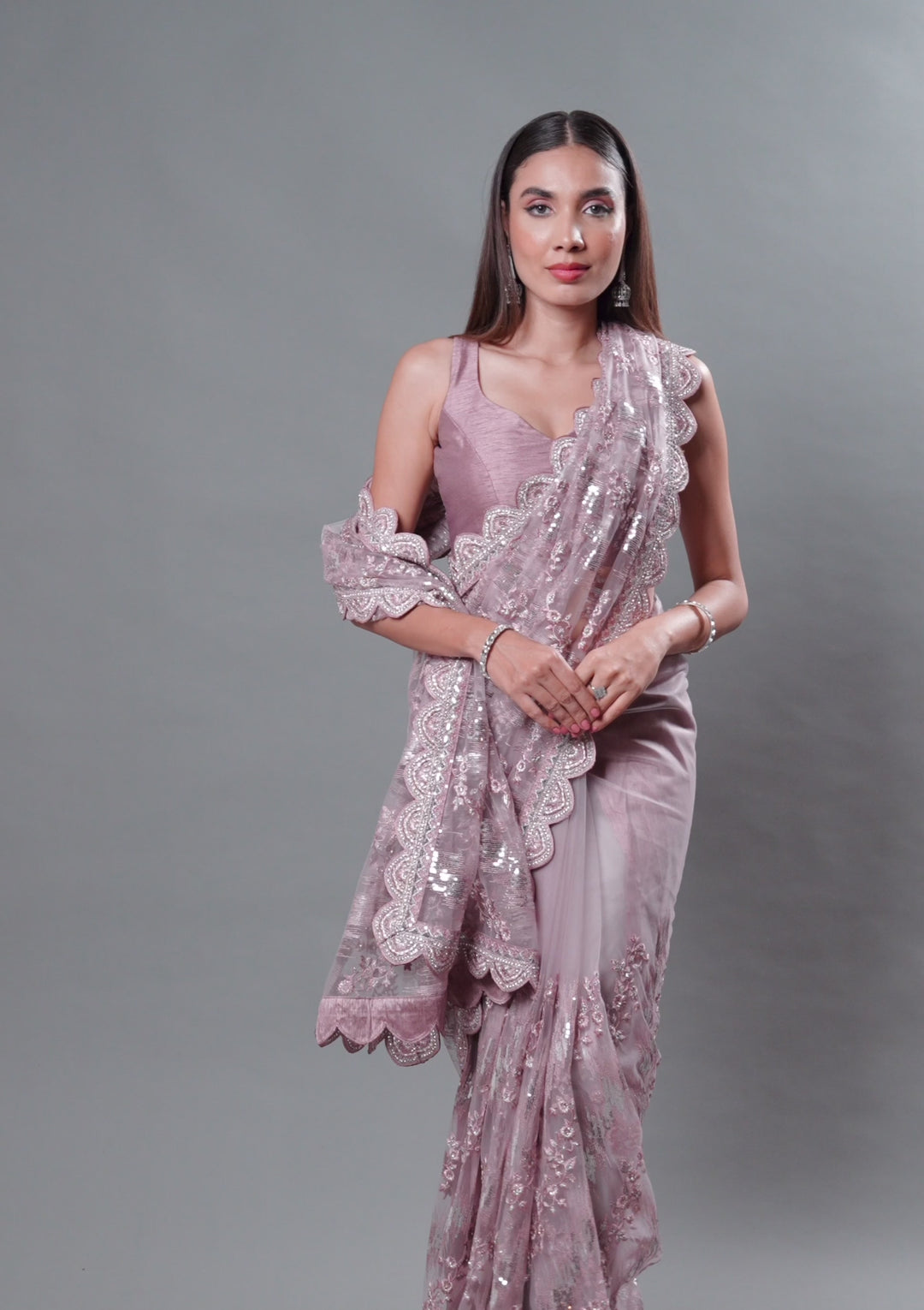 Onion Pink Sequins Net Saree