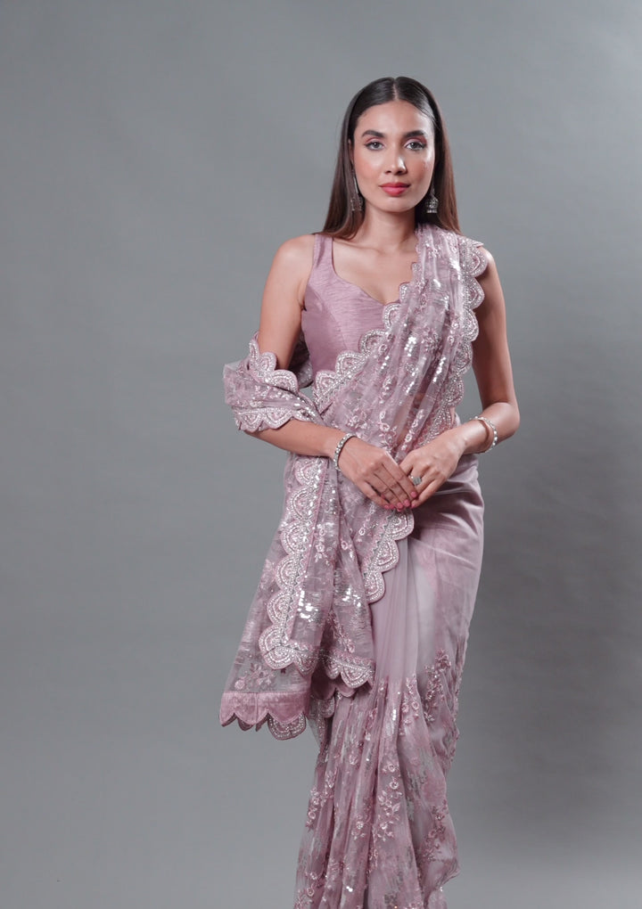 Onion Pink Sequins Net Saree