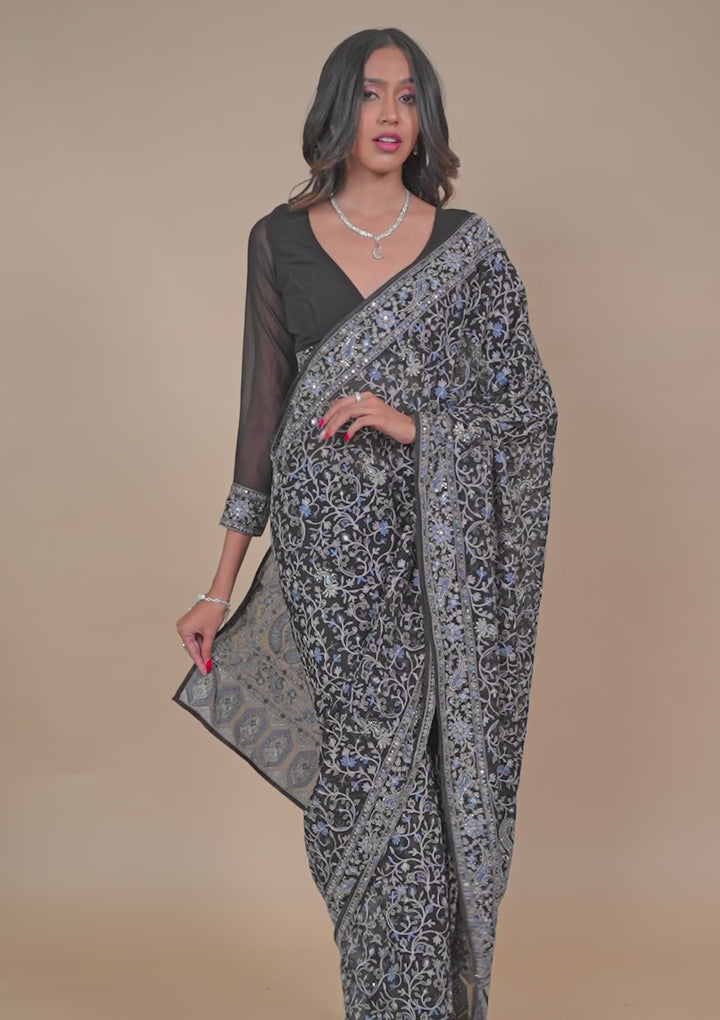 Black Threadwork Georgette Saree