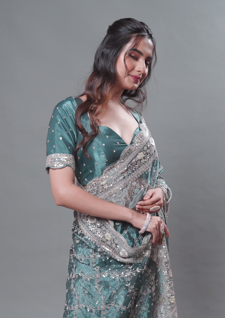 Peacock Blue Zariwork Tissue Saree
