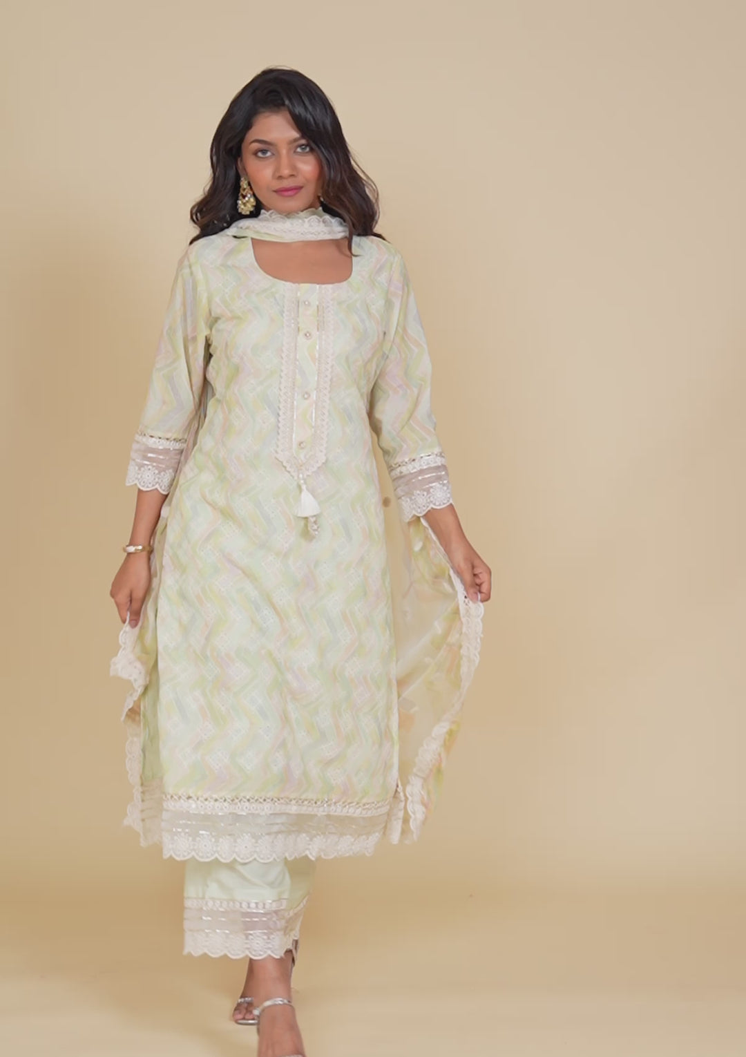 Pista Green Cutwork Cotton Readymade Salwar Suit