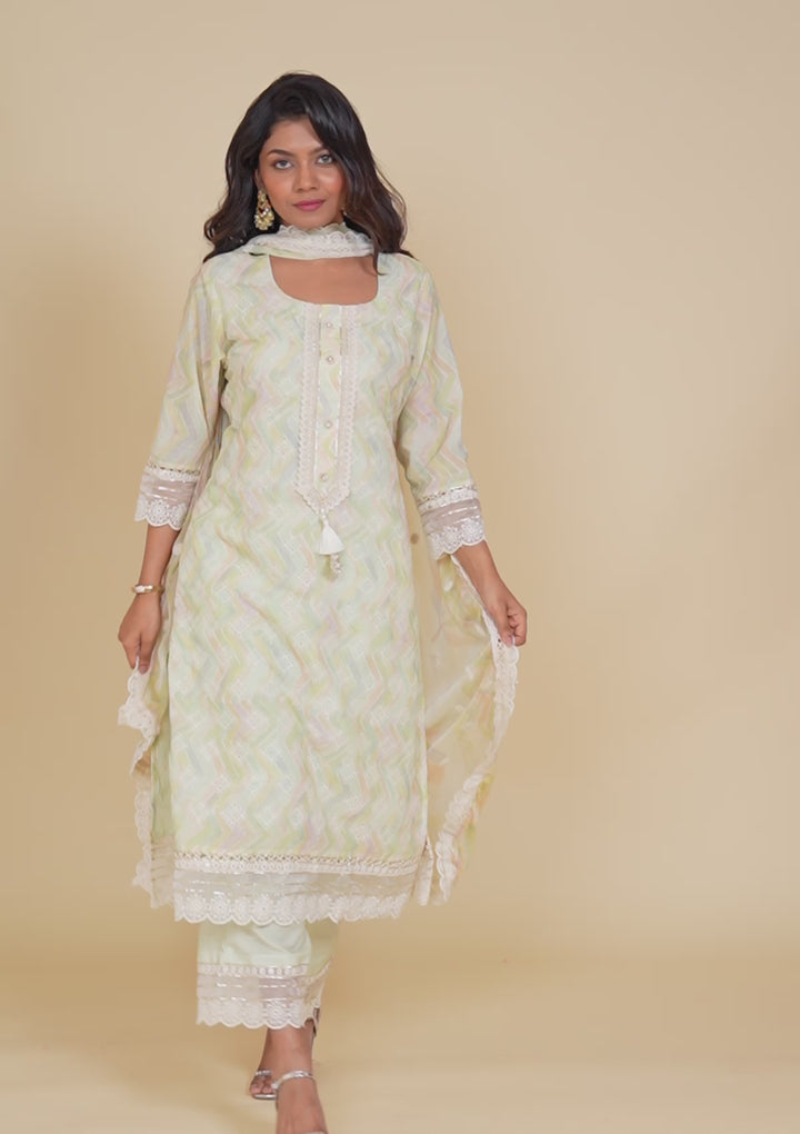 Pista Green Cutwork Cotton Readymade Salwar Suit