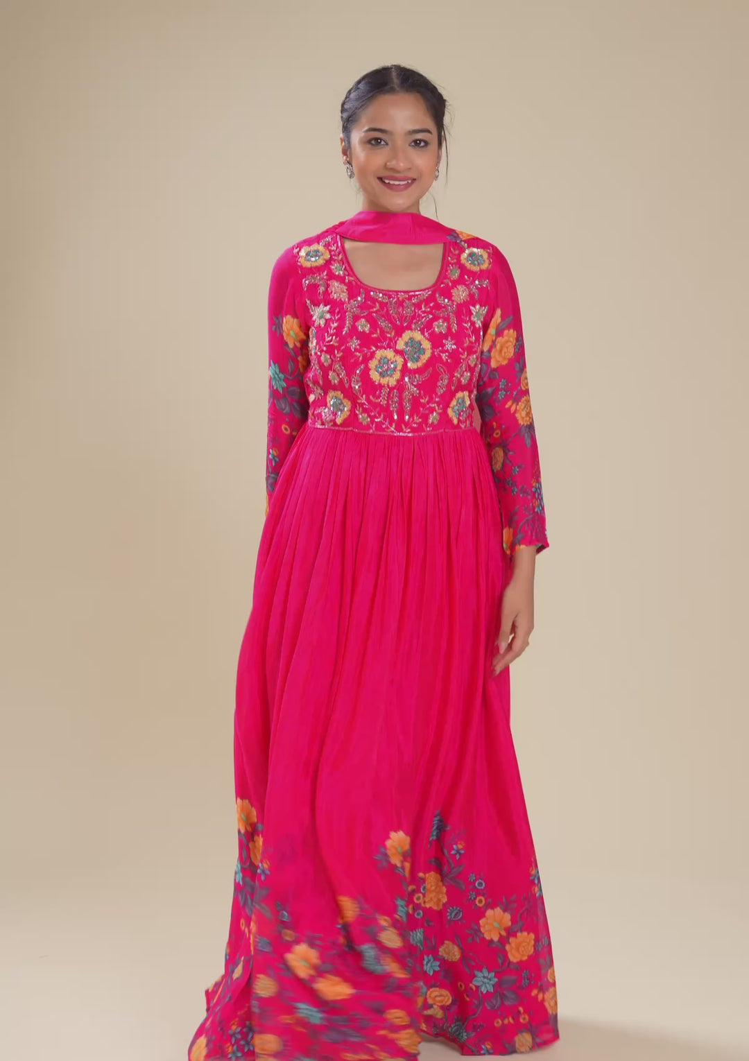 Rani Pink Zariwork Semi Crepe Readymade Salwar Suit