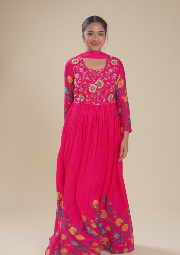 Rani Pink Zariwork Semi Crepe Readymade Salwar Suit