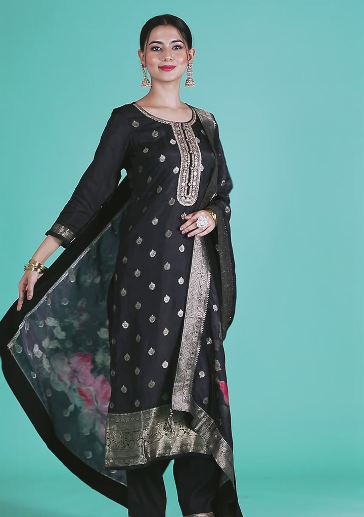 Black Zariwork Crepe Readymade Salwar Suit