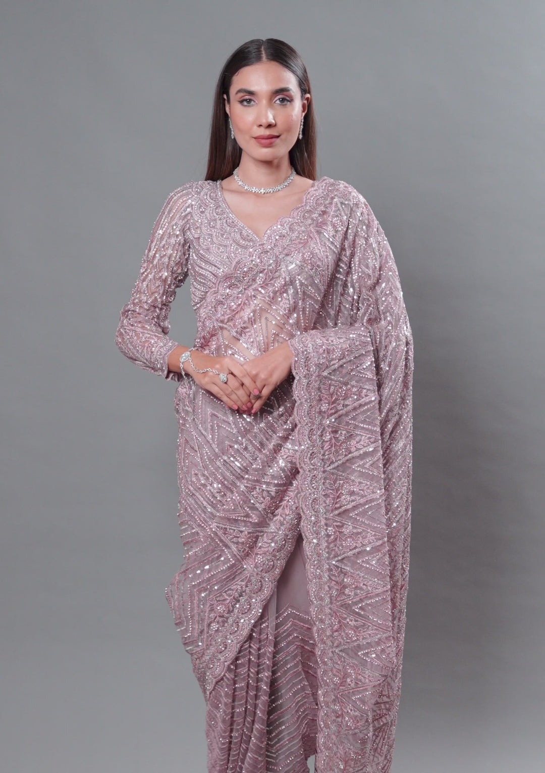 Onion Pink Sequins Net Saree