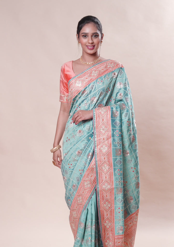Turquoise Blue Threadwork Semi Crepe Saree