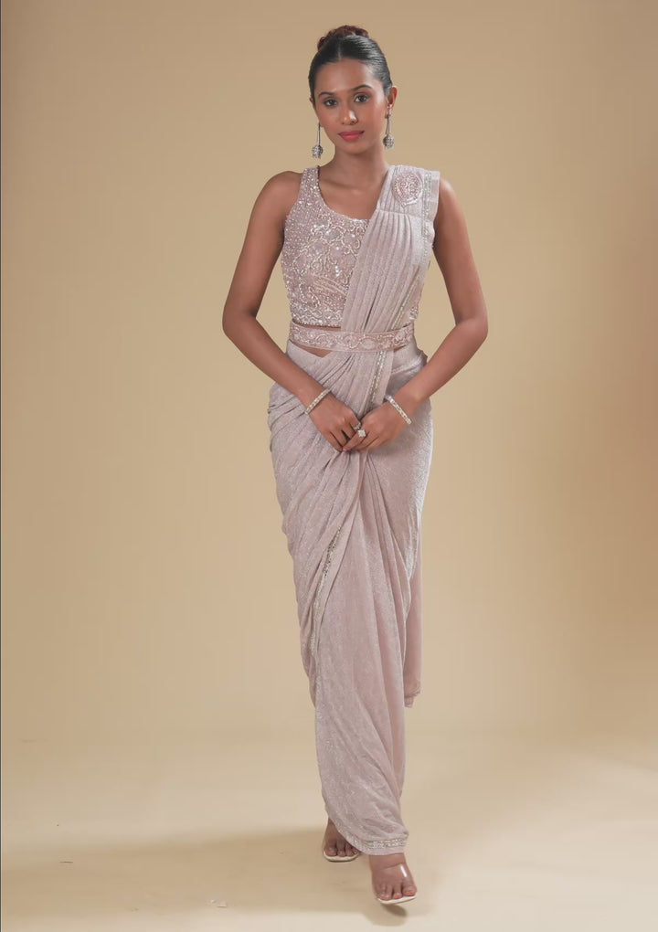 Baby Pink Stonework Chiffon Readymade Saree