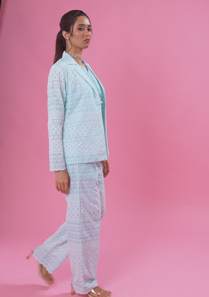 Sky Blue Threadwork Cotton Readymade Salwar Suit