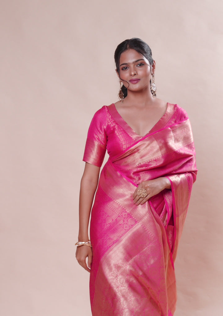 Rani Pink Zariwork Soft Silk Saree