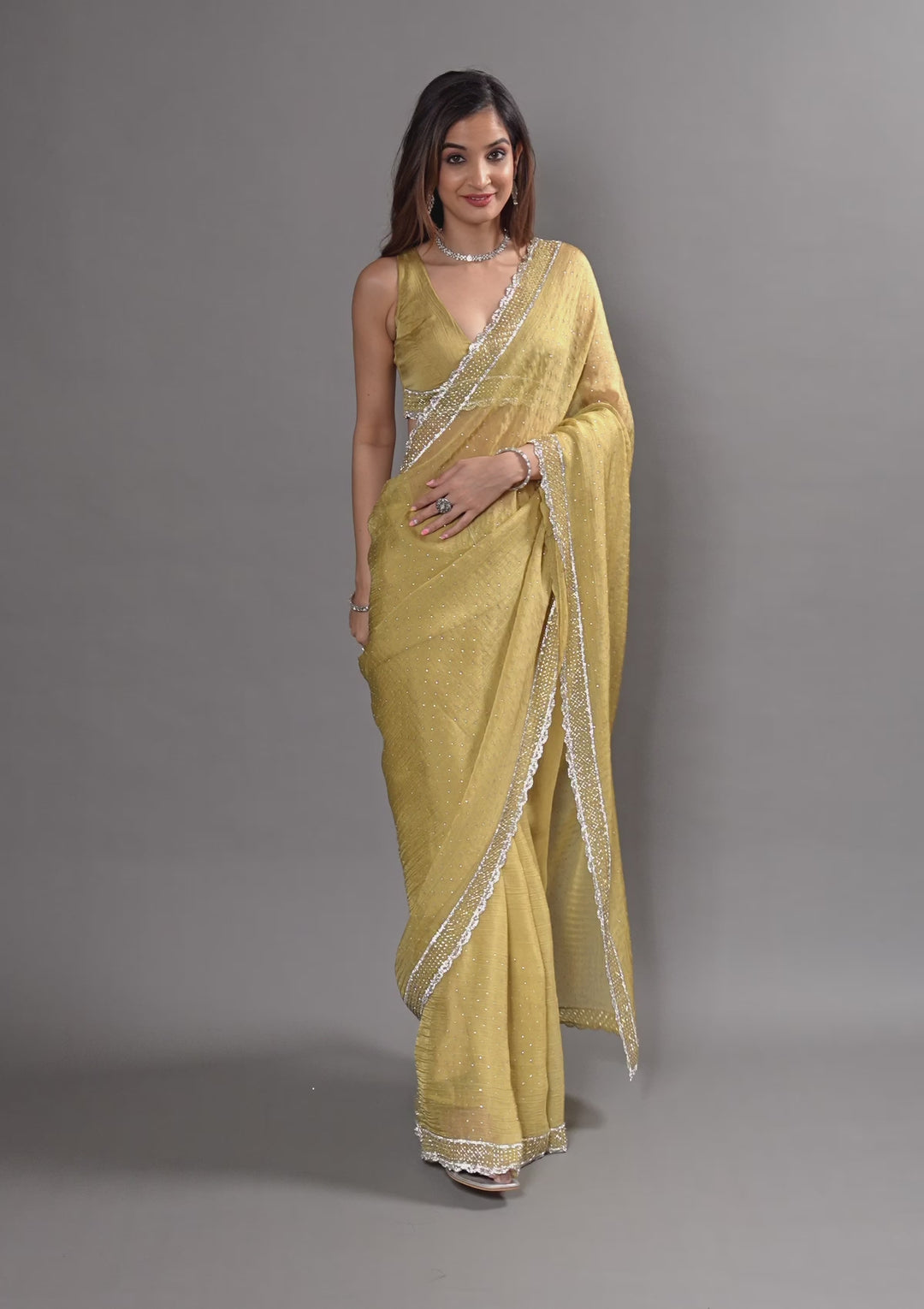 Mehendi Silver Stonework Tissue Saree