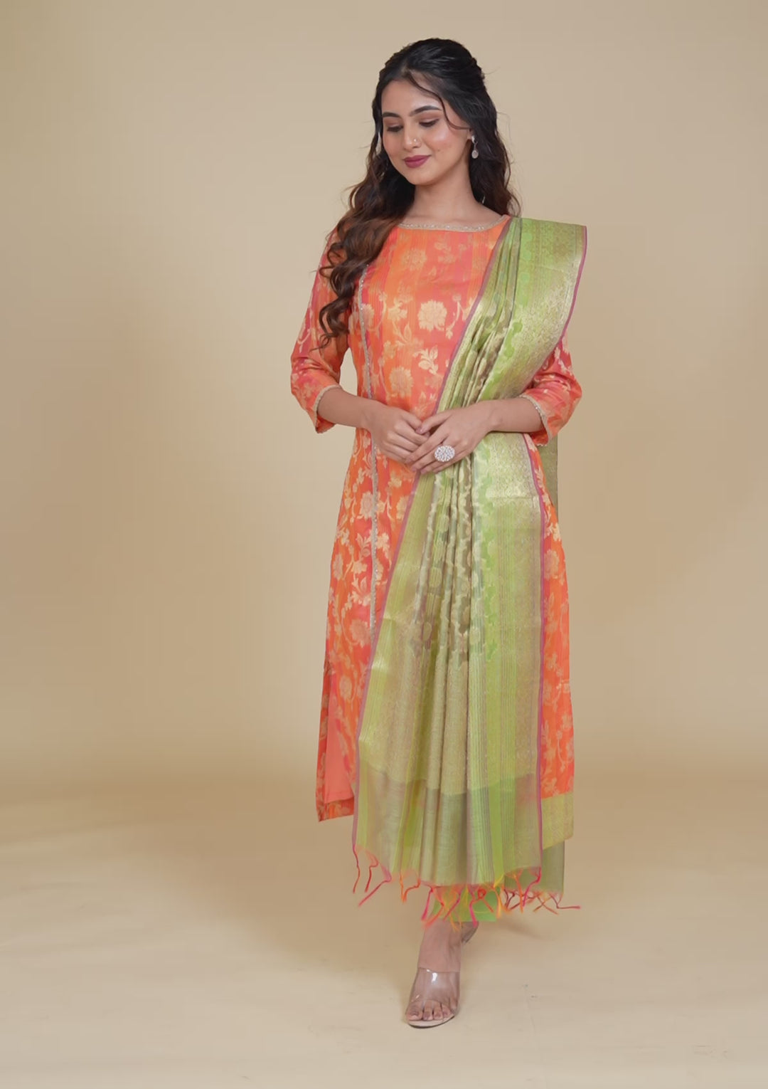 Orange Banarasi Cotton Readymade Salwar Suit