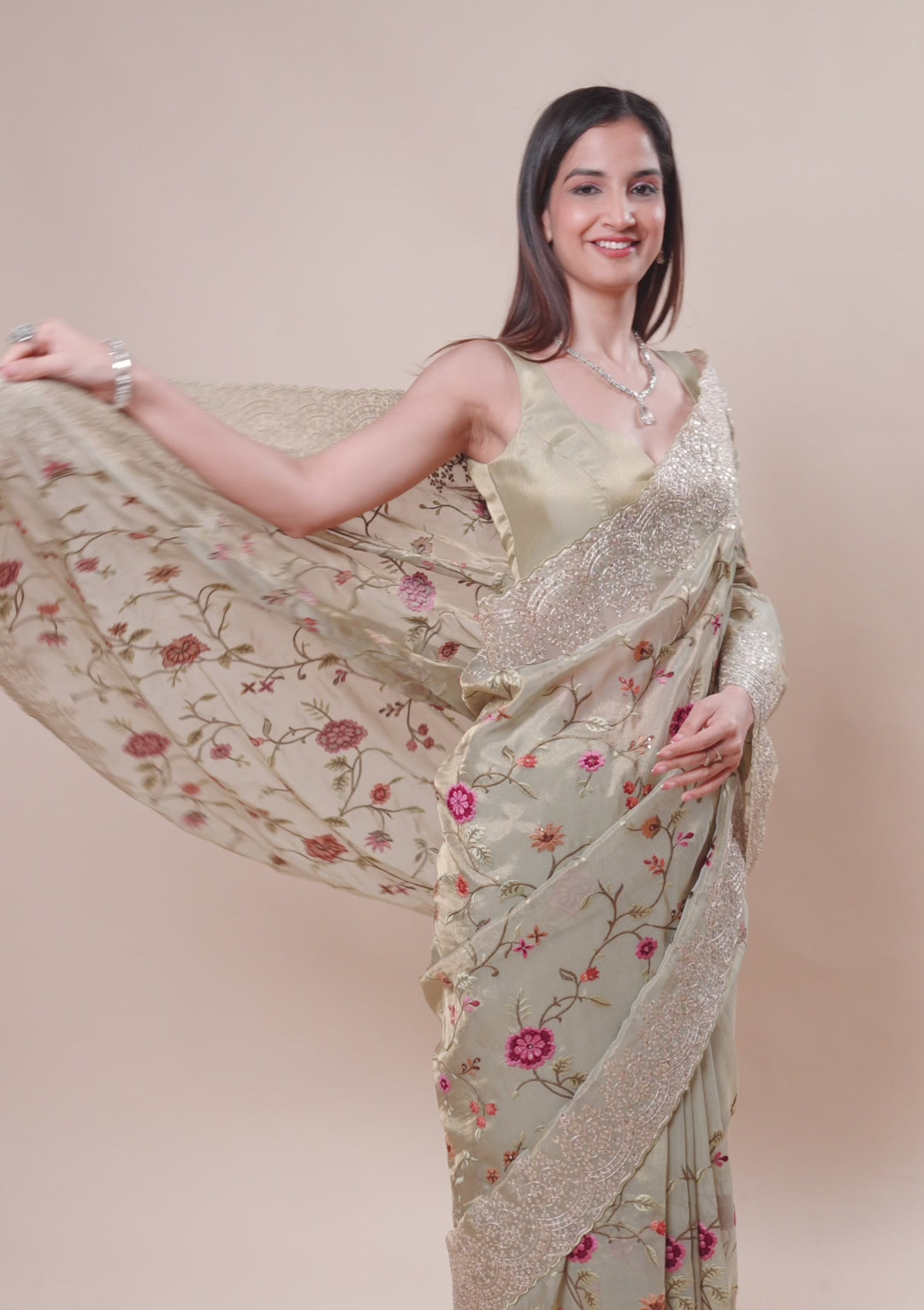 Beige Zariwork Tissue Saree