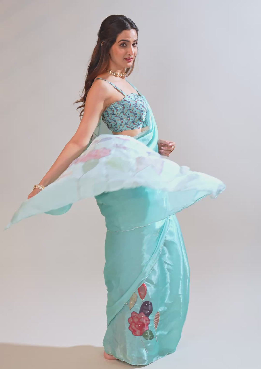 Sky Blue Printed Tissue Saree