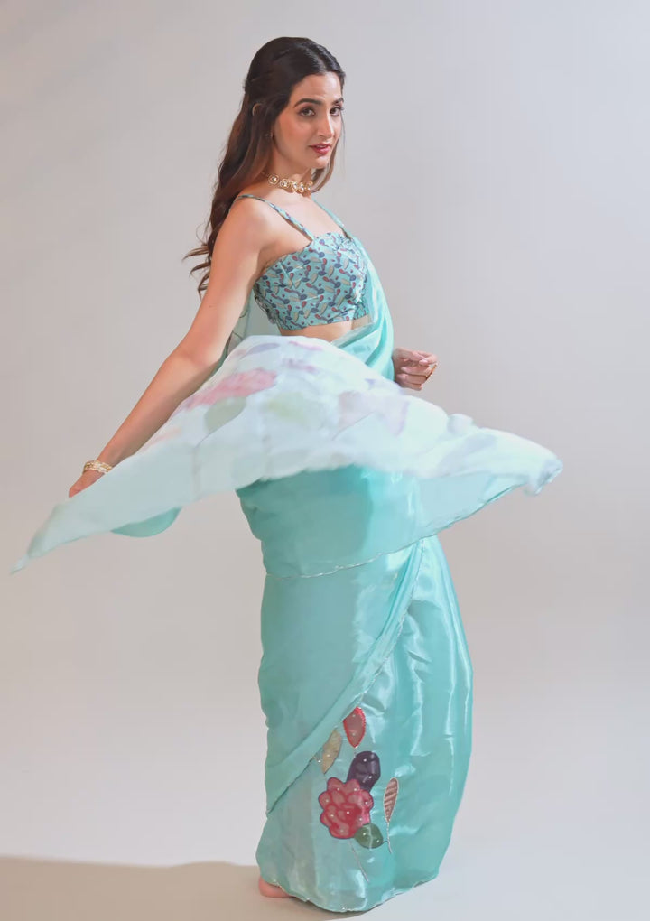 Sky Blue Printed Tissue Saree