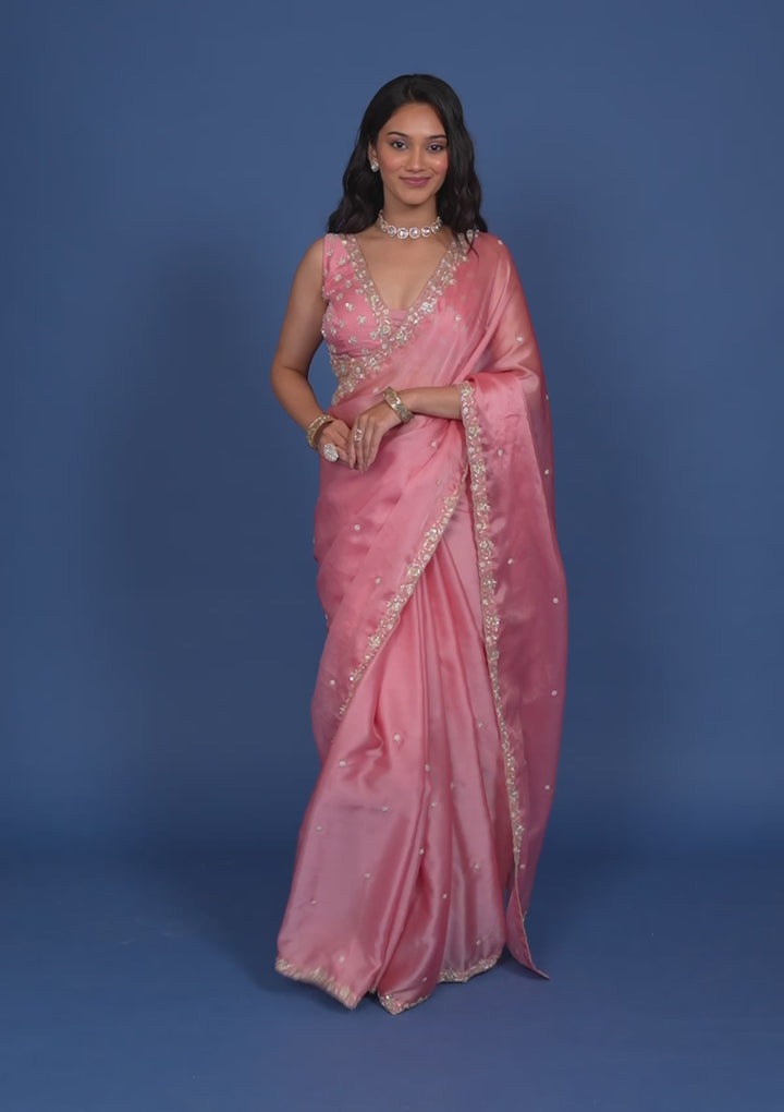 Baby Pink Pearlwork Tissue Saree