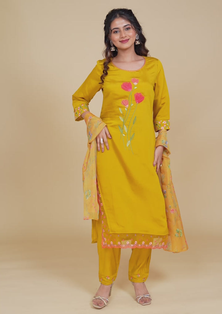 Mustard Applique Cotton Readymade Salwar Suit