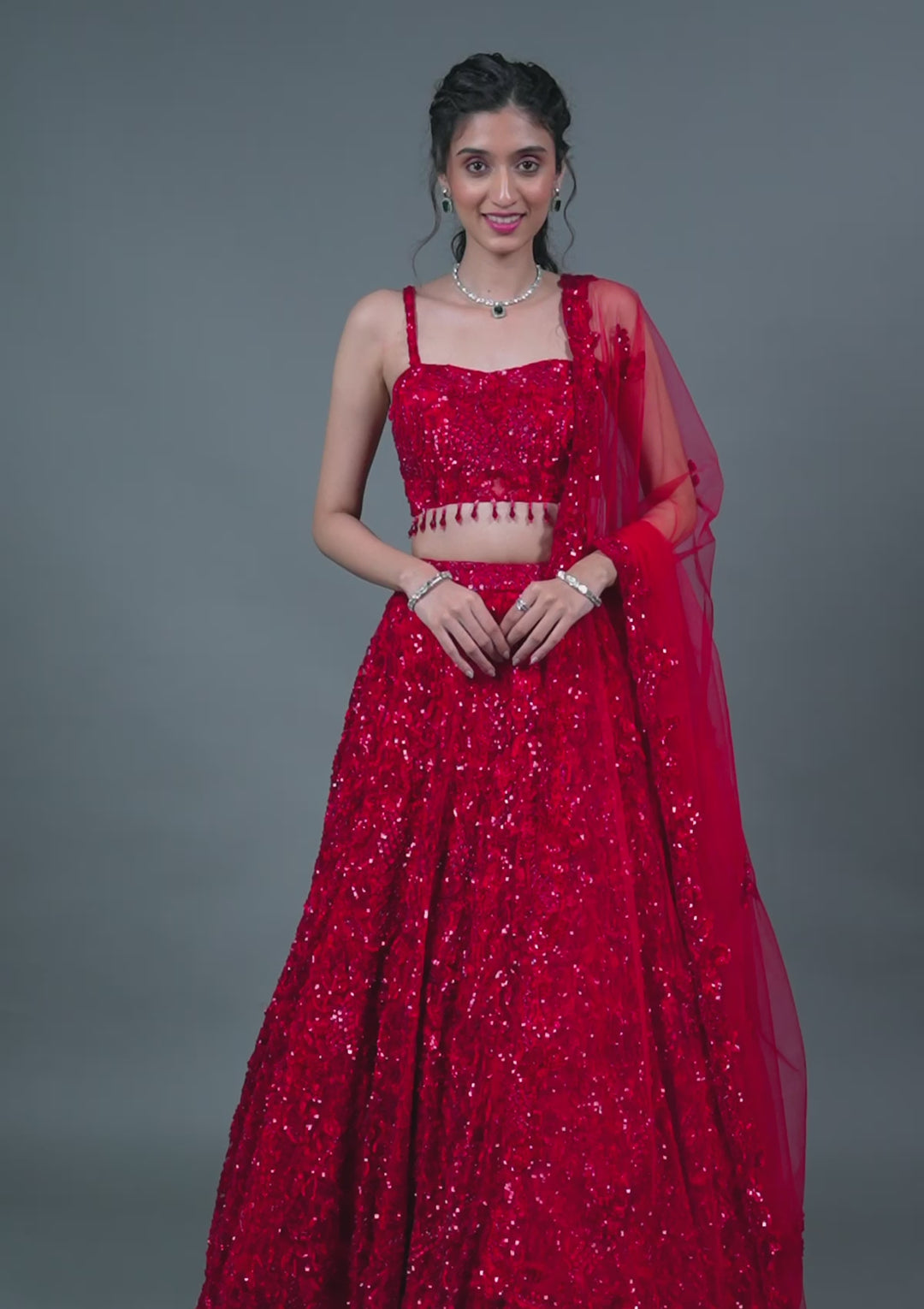 Red Cutdana Net Readymade Lehenga