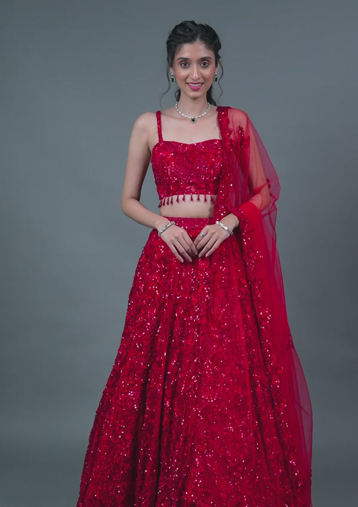 Red Cutdana Net Readymade Lehenga