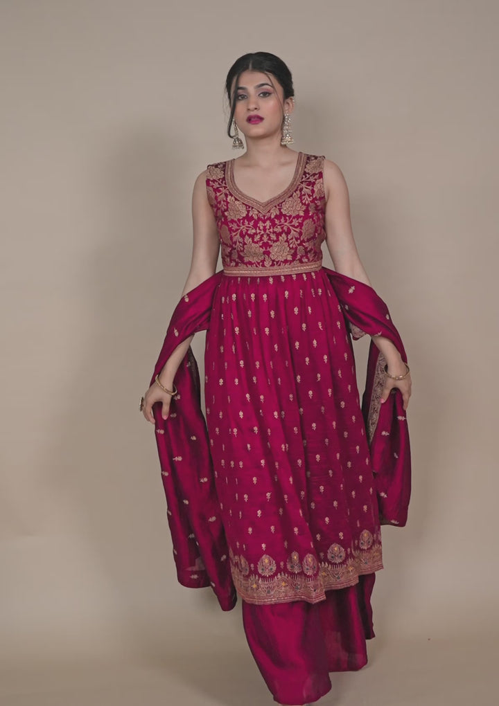 Maroon Zariwork Raw Silk Readymade Salwar Suit