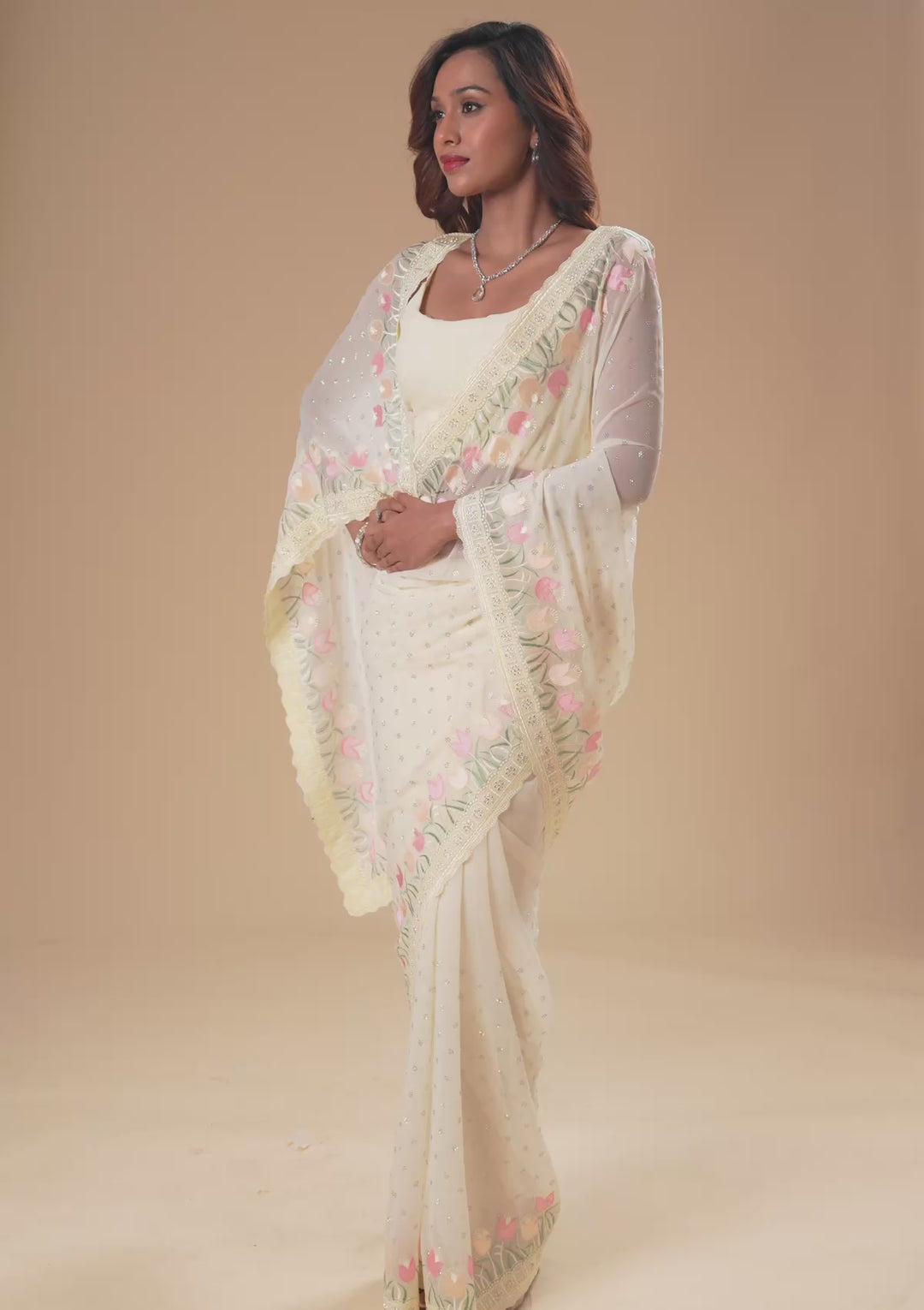 Cream Sequins Georgette Saree