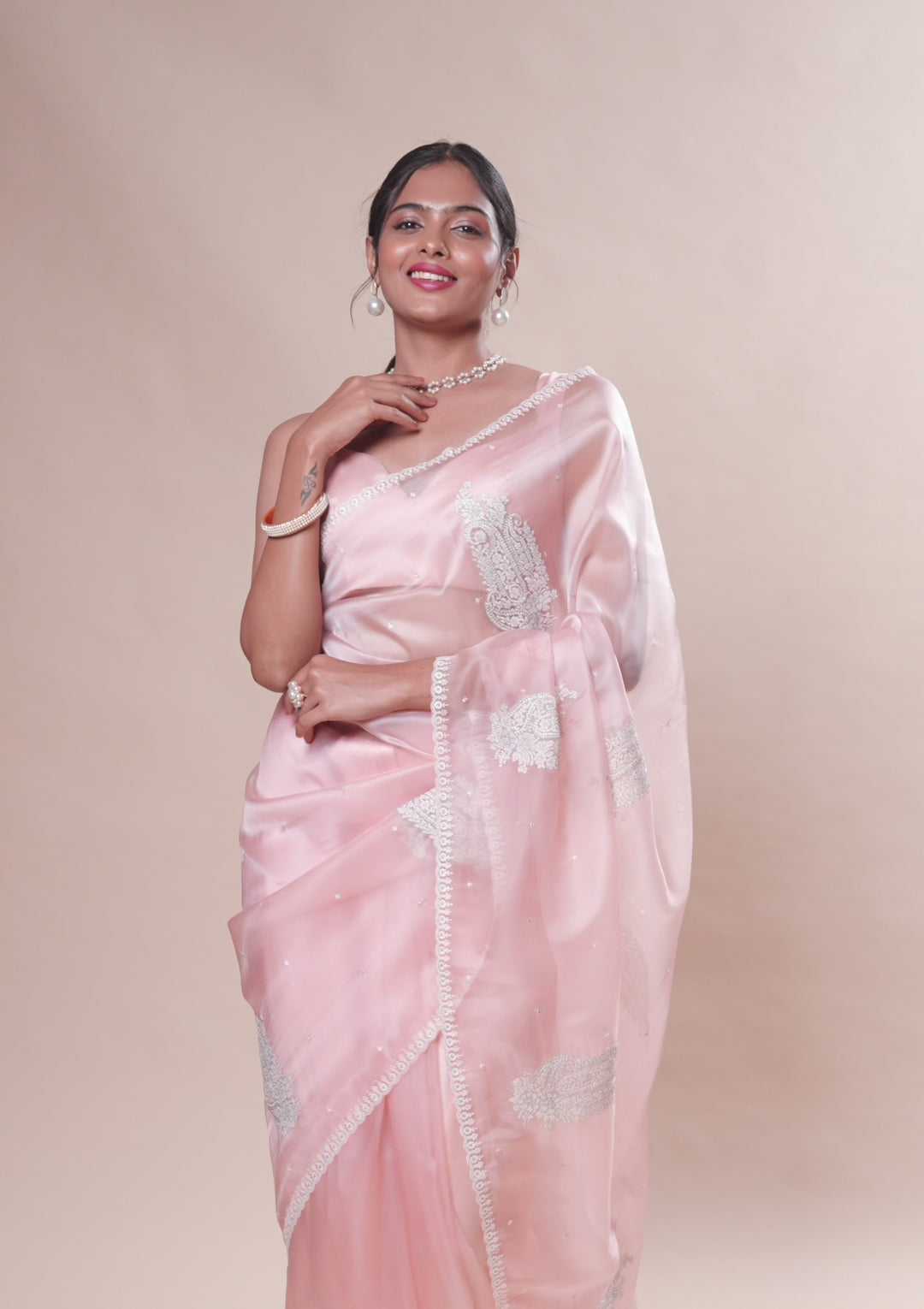 Peach Threadwork Tissue Saree