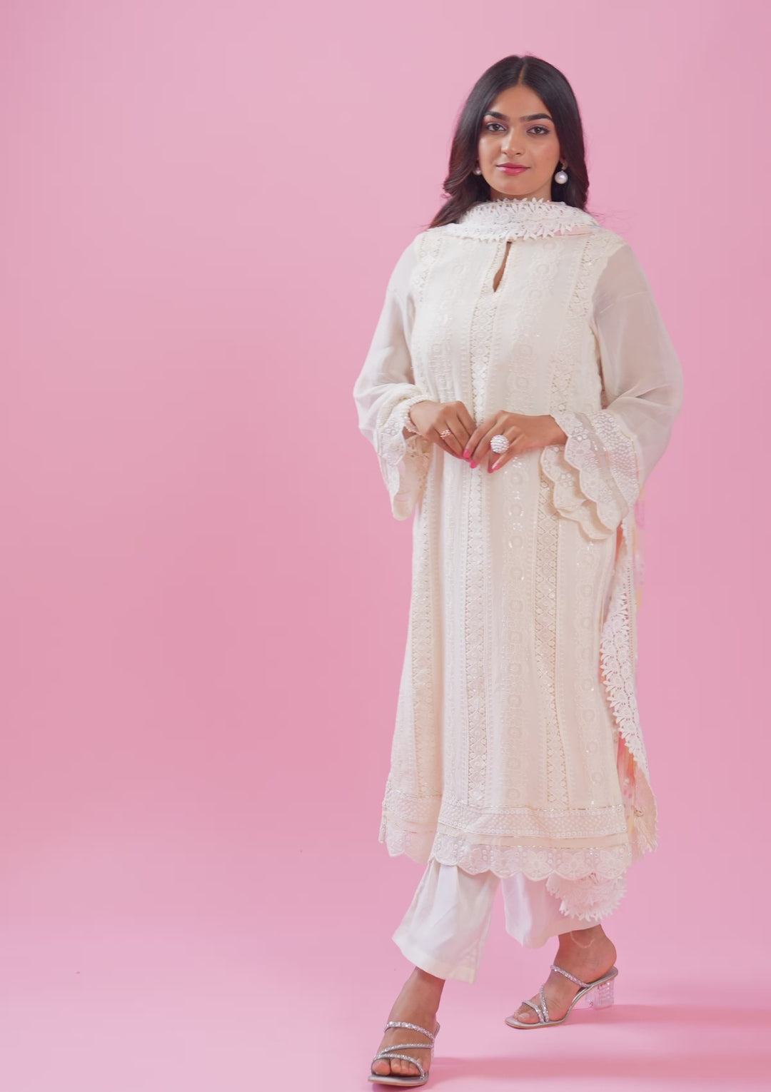 Cream Threadwork Georgette Unstitched Salwar Suit
