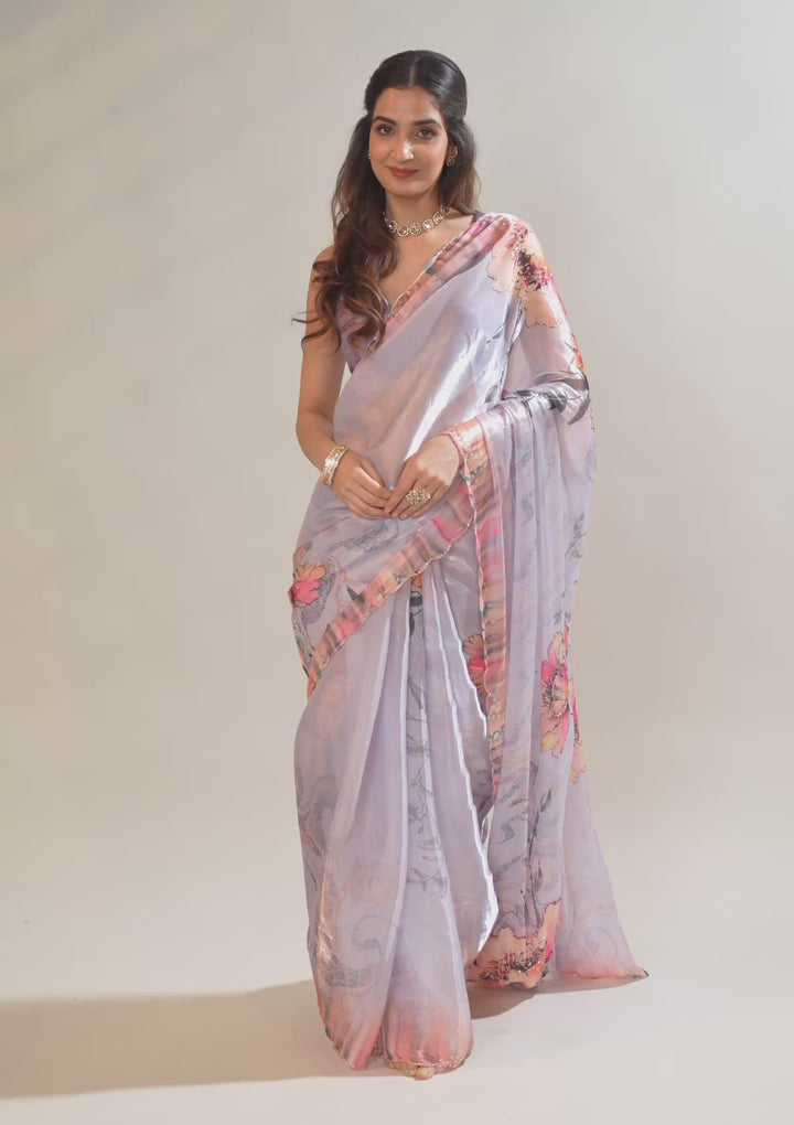 Lavender Printed Tissue Saree