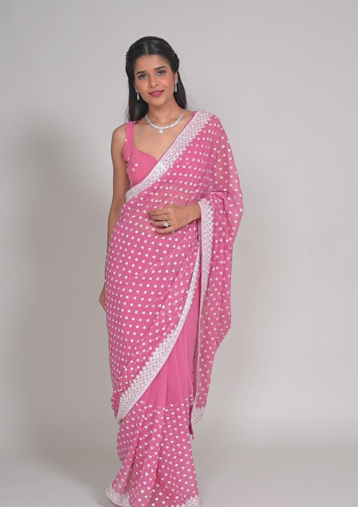 Onion Pink Threadwork Georgette Saree
