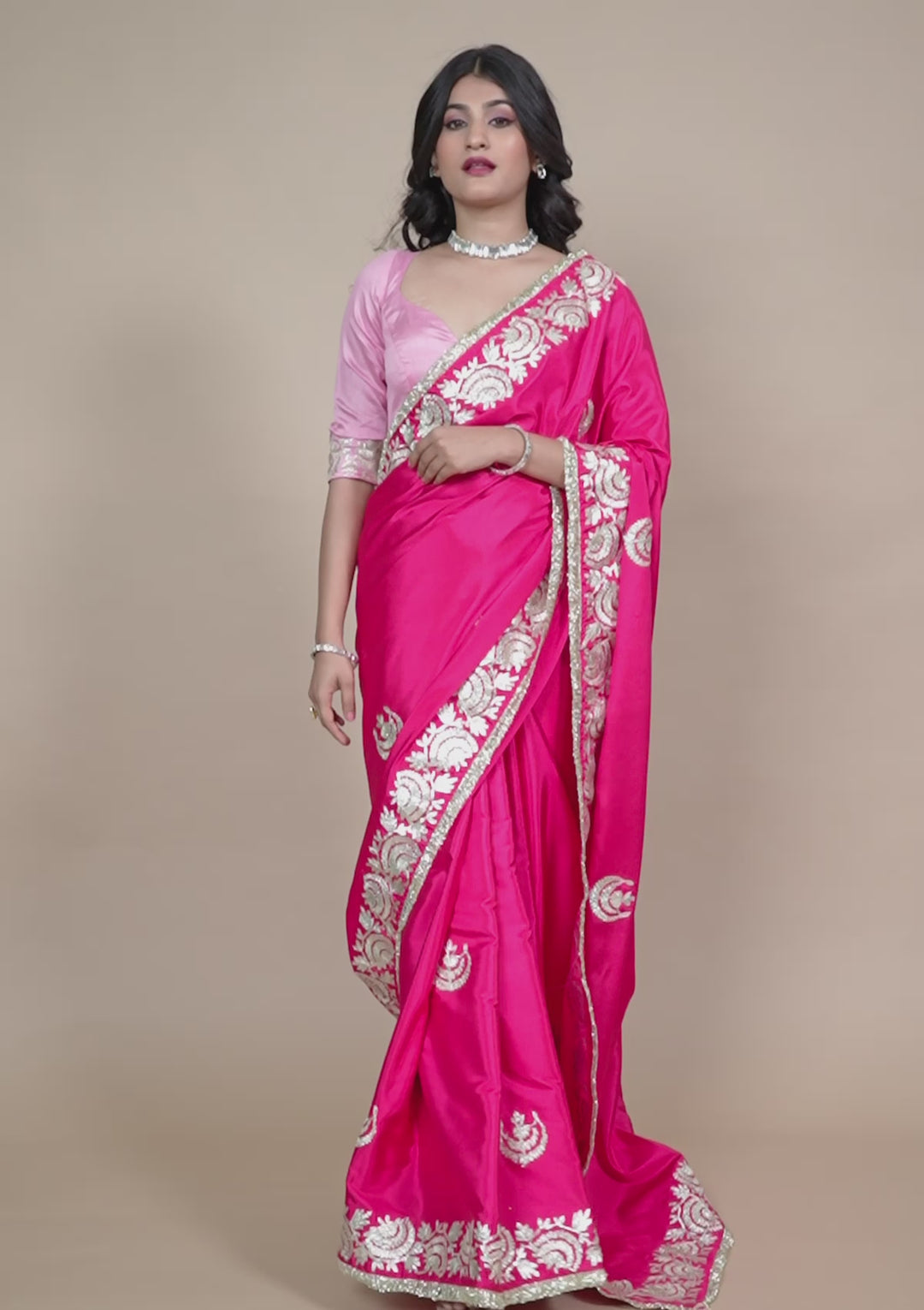 Rani Pink Zariwork Semi Crepe Saree