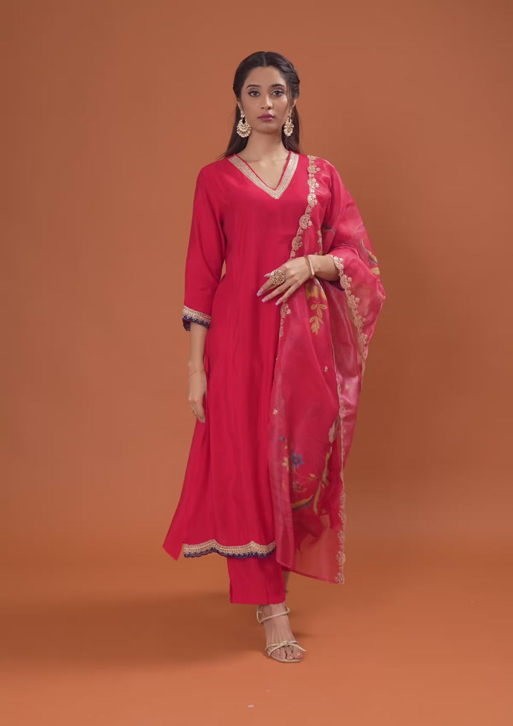 Red Zariwork Semi Crepe Readymade Salwar Suit