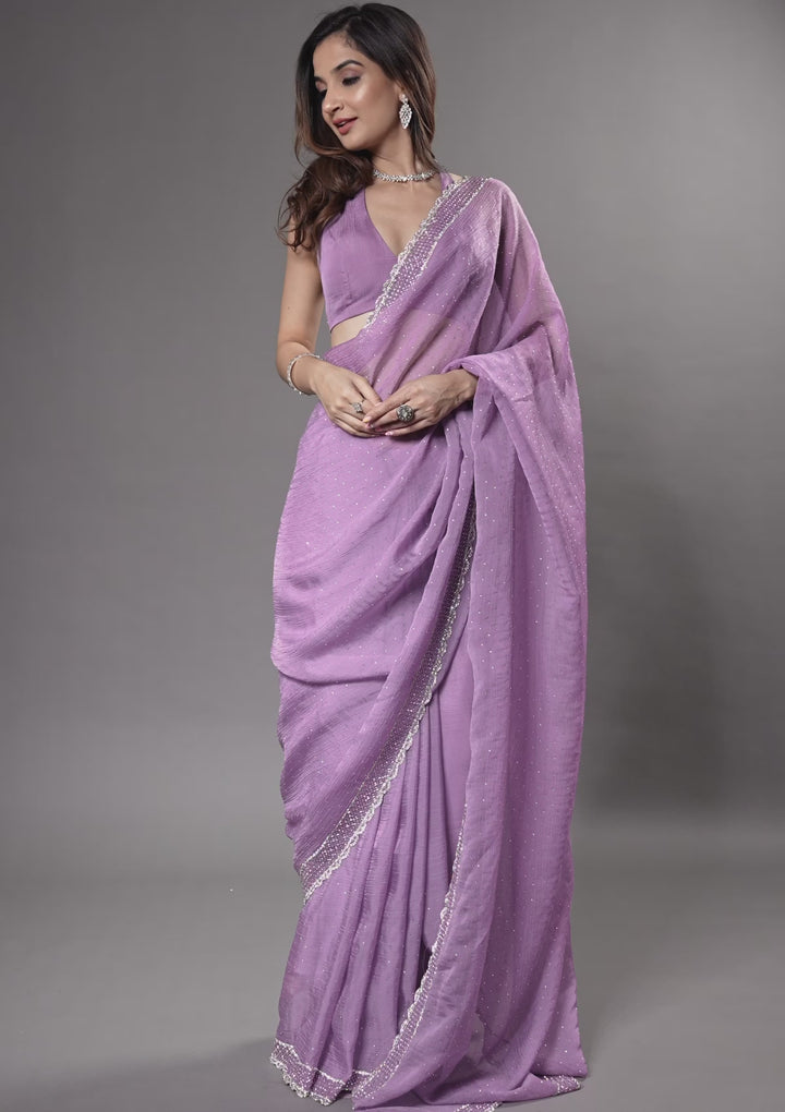Lavender Silver Stonework Tissue Saree
