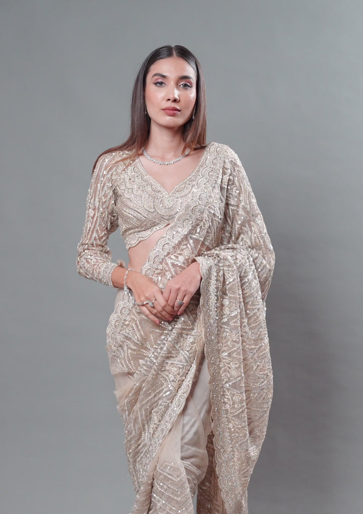 Beige Sequins Net Saree
