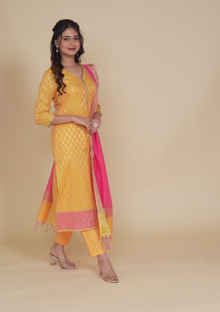 Mustard Stonework Banarasi Readymade Salwar Suit