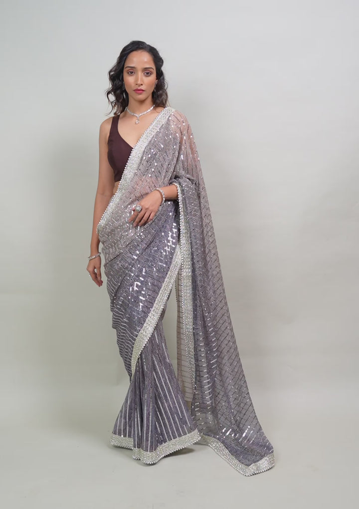 Grey Sequins Lycra Saree