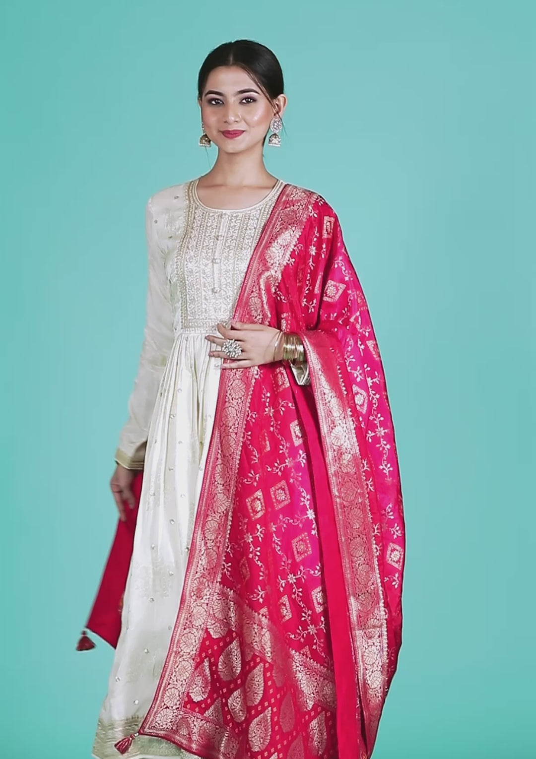 Cream Zariwork Crepe Readymade Anarkali Suit