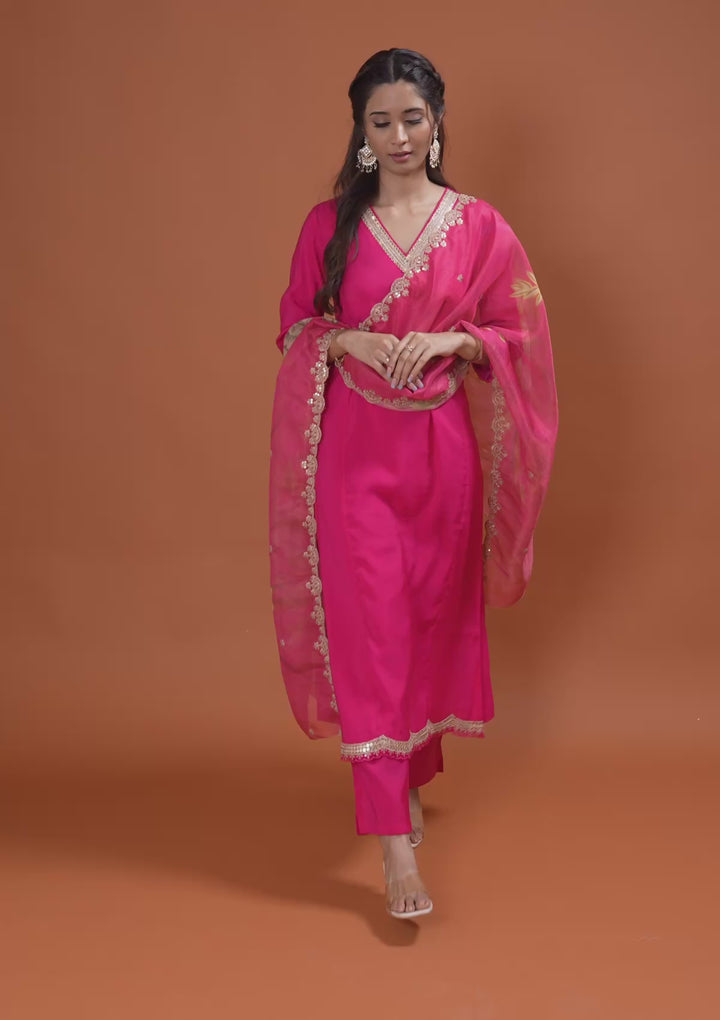 Pink Zariwork Semi Crepe Readymade Salwar Suit