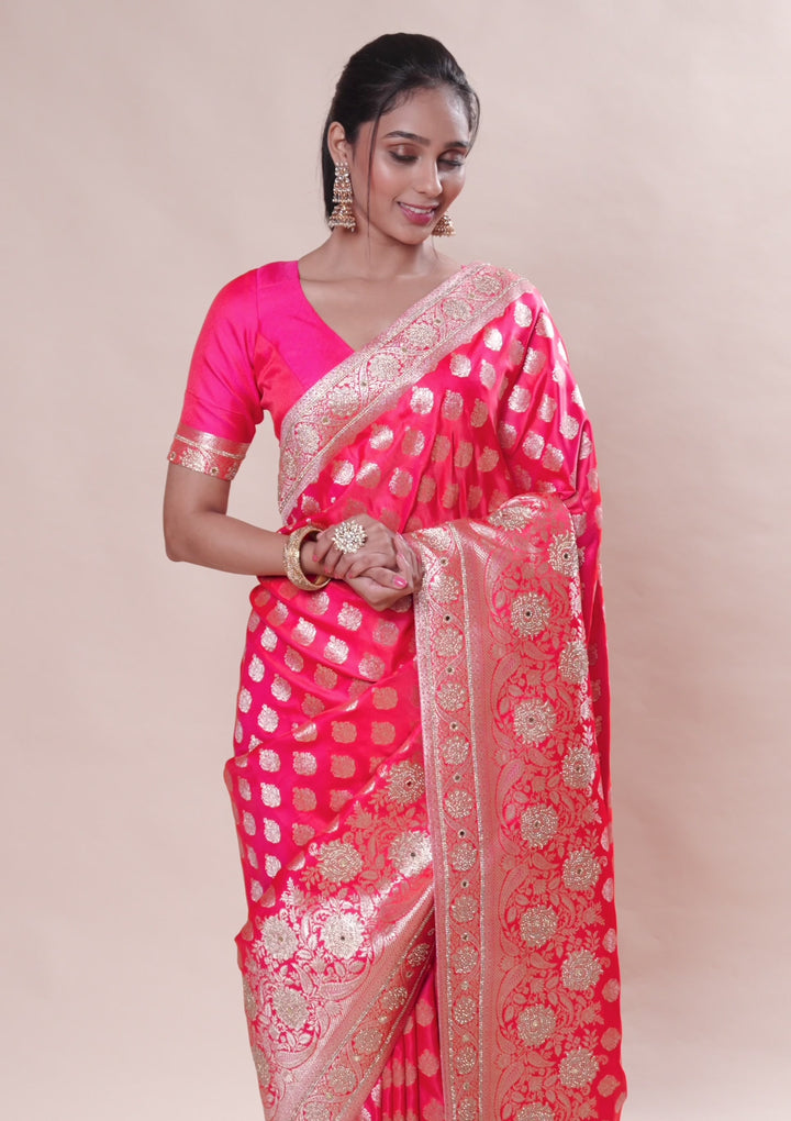 Rani Pink Zariwork Raw Silk Saree