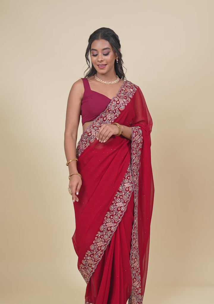 Maroon Threadwork Georgette Saree