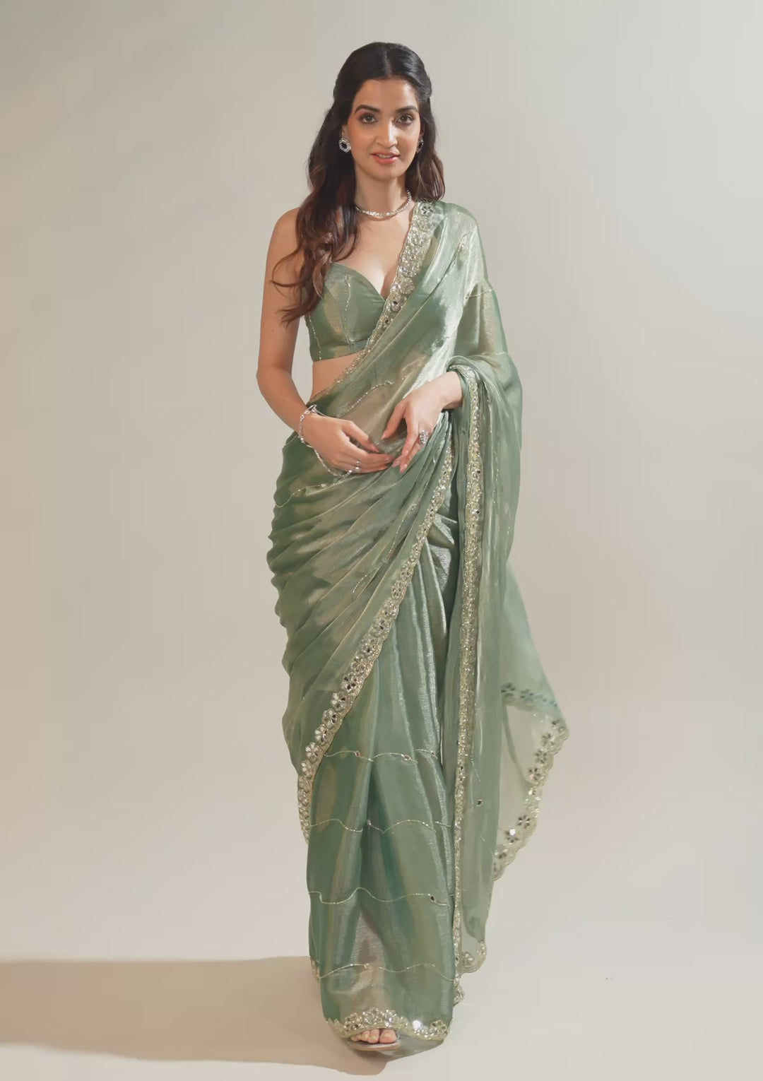 Sea Green Mirrorwork Georgette Saree
