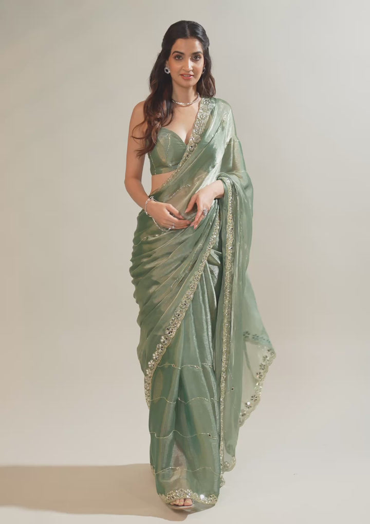 Sea Green Mirrorwork Georgette Saree